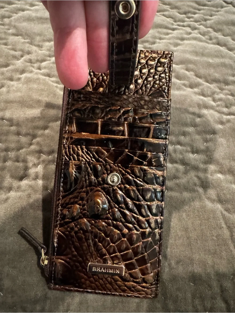 Brahmin Croc-Embossed Brown Zip Card Holder